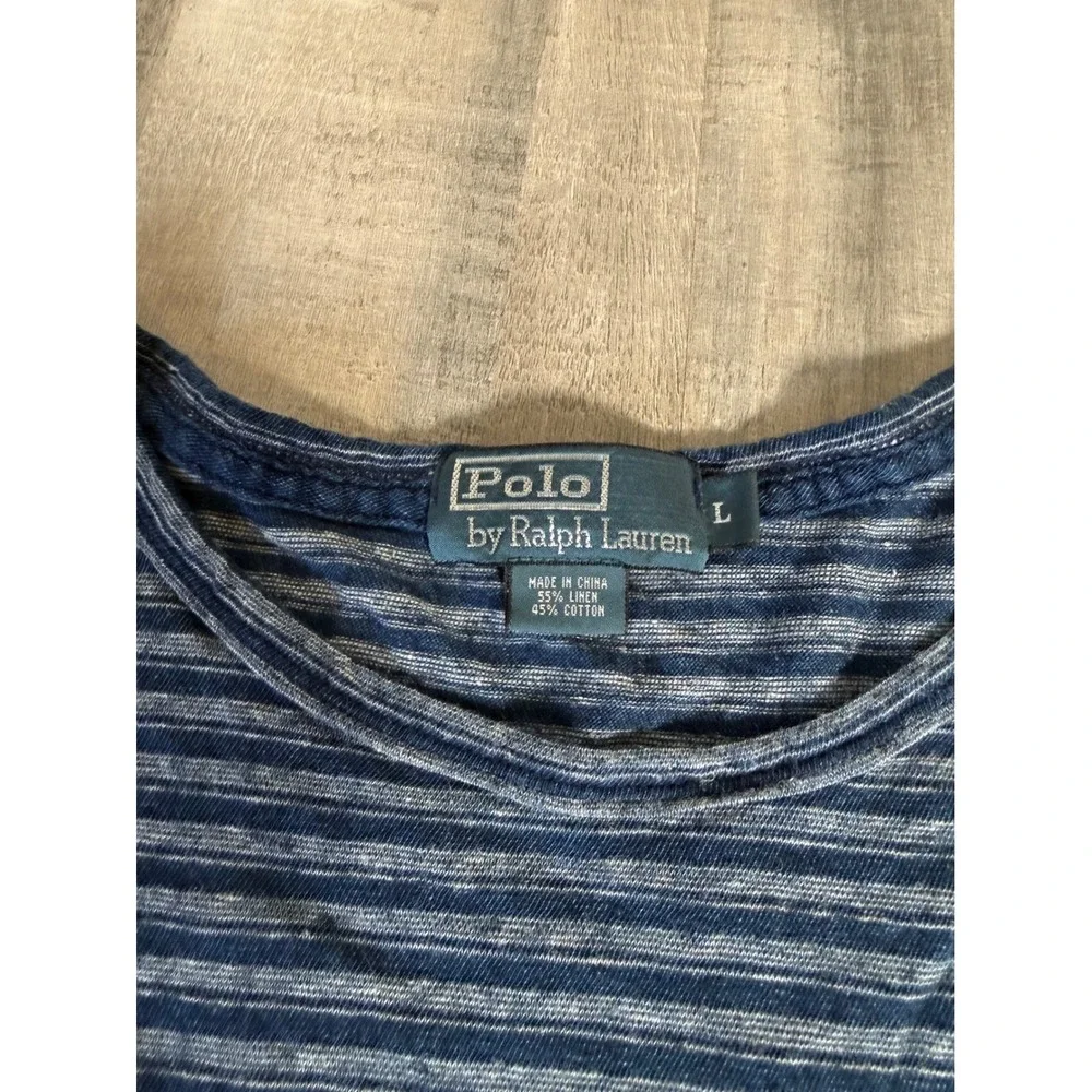 Vtg Polo Ralph Lauren Mens Blue Striped Linen Cotton Pocket T-Shirt Large Thin